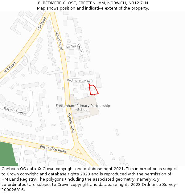 8, REDMERE CLOSE, FRETTENHAM, NORWICH, NR12 7LN: Location map and indicative extent of plot