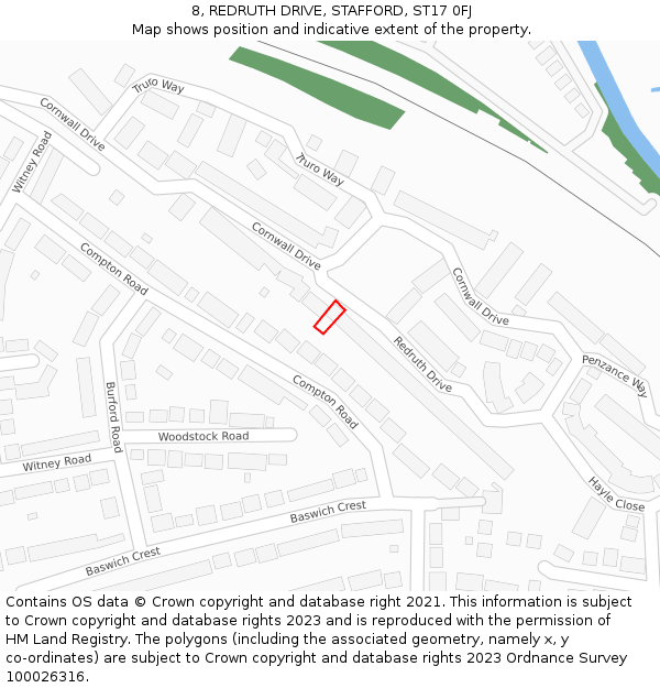 8, REDRUTH DRIVE, STAFFORD, ST17 0FJ: Location map and indicative extent of plot