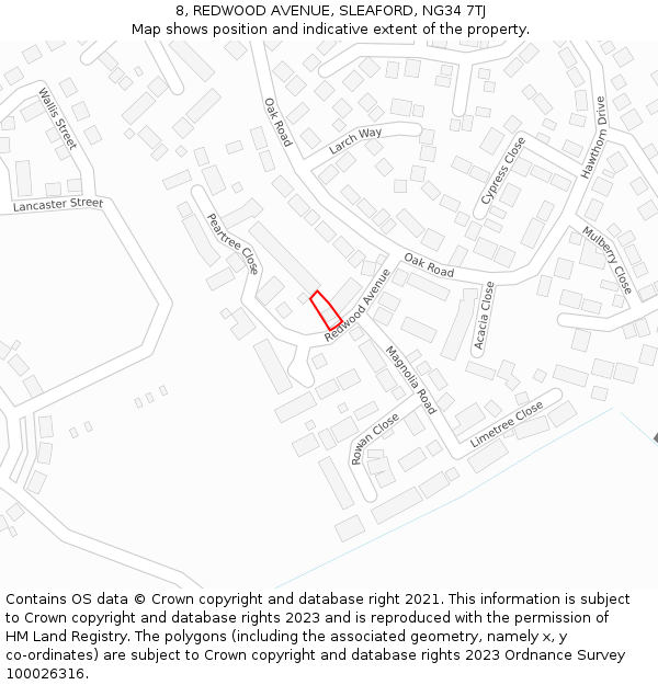 8, REDWOOD AVENUE, SLEAFORD, NG34 7TJ: Location map and indicative extent of plot