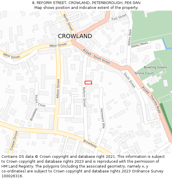 8, REFORM STREET, CROWLAND, PETERBOROUGH, PE6 0AN: Location map and indicative extent of plot