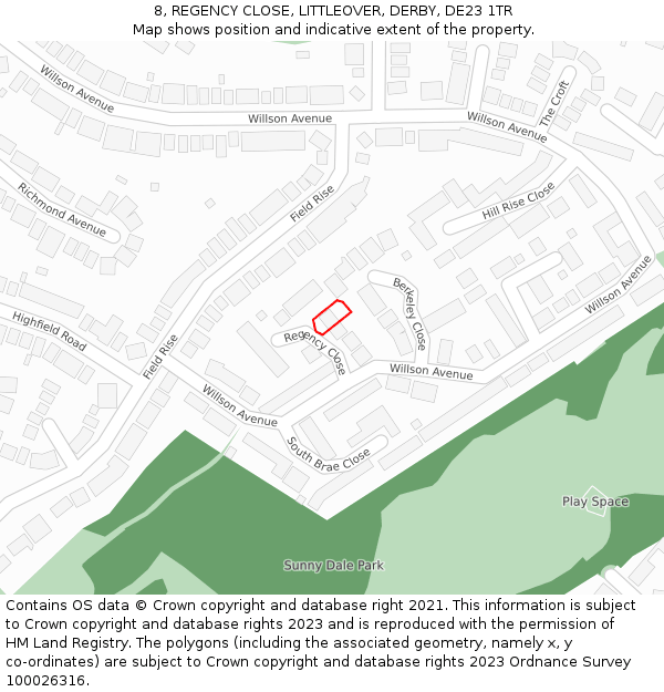 8, REGENCY CLOSE, LITTLEOVER, DERBY, DE23 1TR: Location map and indicative extent of plot