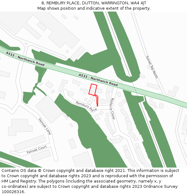 8, REMBURY PLACE, DUTTON, WARRINGTON, WA4 4JT: Location map and indicative extent of plot