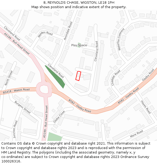 8, REYNOLDS CHASE, WIGSTON, LE18 1PH: Location map and indicative extent of plot