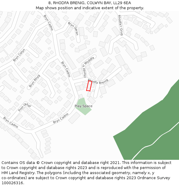 8, RHODFA BRENIG, COLWYN BAY, LL29 6EA: Location map and indicative extent of plot