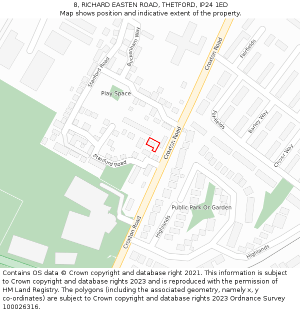 8, RICHARD EASTEN ROAD, THETFORD, IP24 1ED: Location map and indicative extent of plot