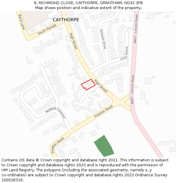 8, RICHMOND CLOSE, CAYTHORPE, GRANTHAM, NG32 3FB: Location map and indicative extent of plot