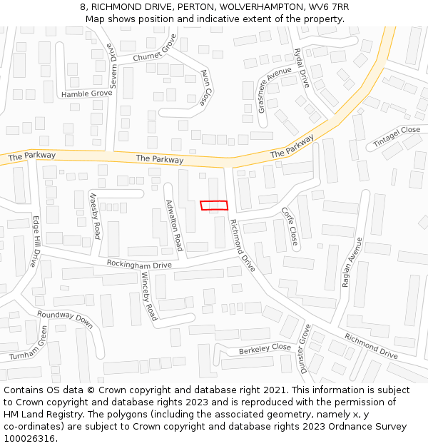 8, RICHMOND DRIVE, PERTON, WOLVERHAMPTON, WV6 7RR: Location map and indicative extent of plot