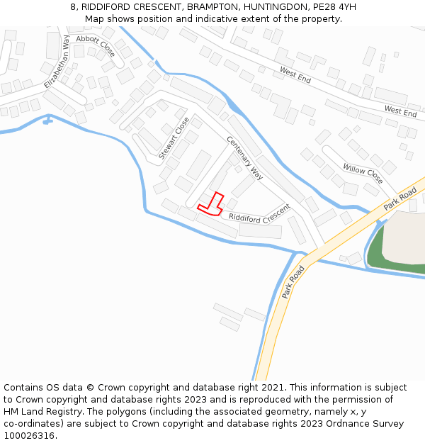 8, RIDDIFORD CRESCENT, BRAMPTON, HUNTINGDON, PE28 4YH: Location map and indicative extent of plot