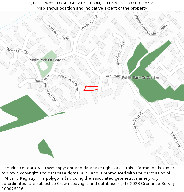 8, RIDGEWAY CLOSE, GREAT SUTTON, ELLESMERE PORT, CH66 2EJ: Location map and indicative extent of plot