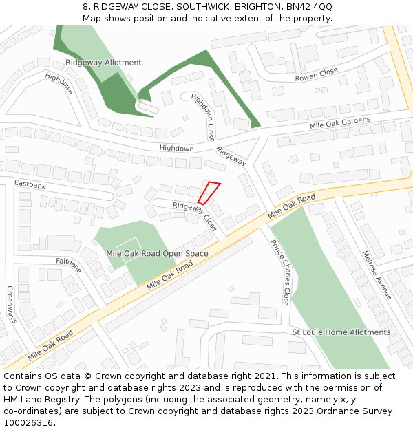 8, RIDGEWAY CLOSE, SOUTHWICK, BRIGHTON, BN42 4QQ: Location map and indicative extent of plot