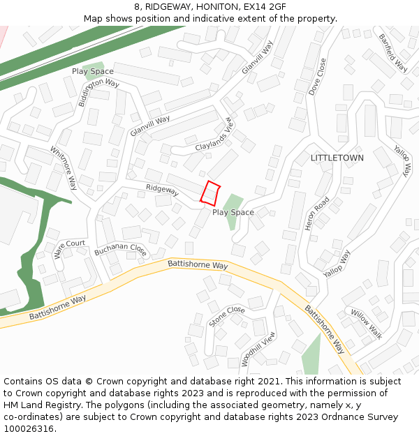 8, RIDGEWAY, HONITON, EX14 2GF: Location map and indicative extent of plot