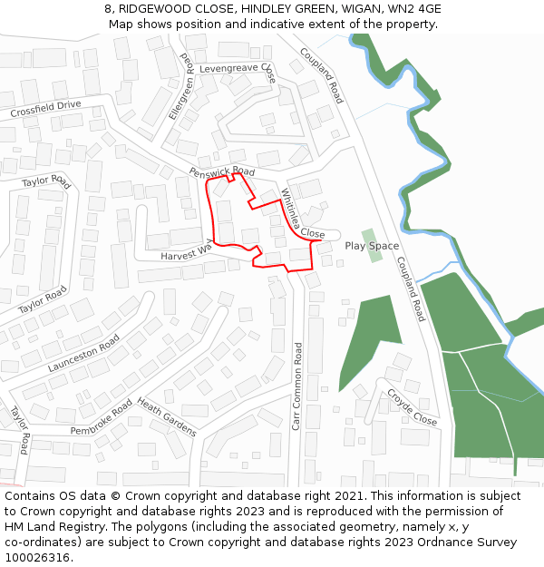 8, RIDGEWOOD CLOSE, HINDLEY GREEN, WIGAN, WN2 4GE: Location map and indicative extent of plot