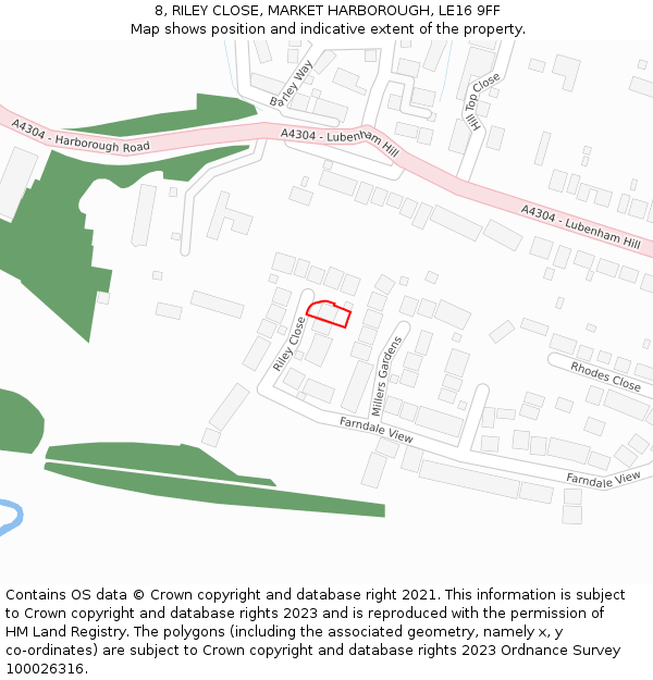 8, RILEY CLOSE, MARKET HARBOROUGH, LE16 9FF: Location map and indicative extent of plot