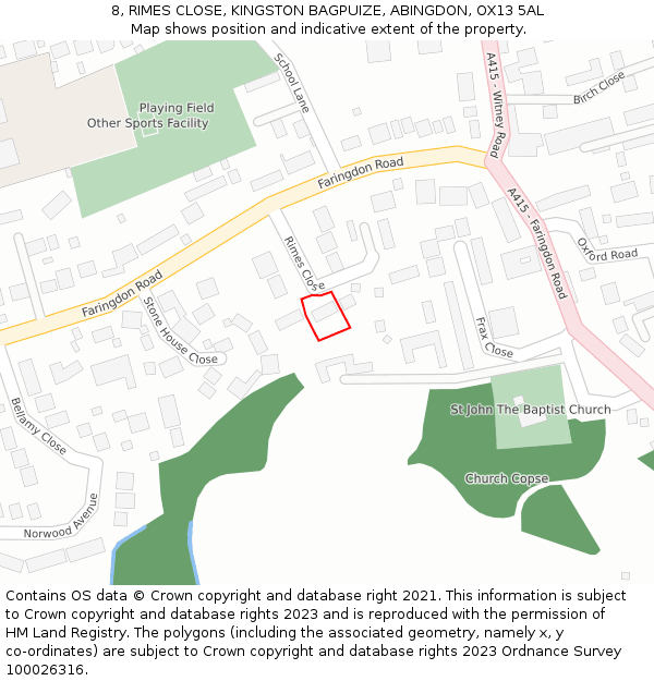 8, RIMES CLOSE, KINGSTON BAGPUIZE, ABINGDON, OX13 5AL: Location map and indicative extent of plot