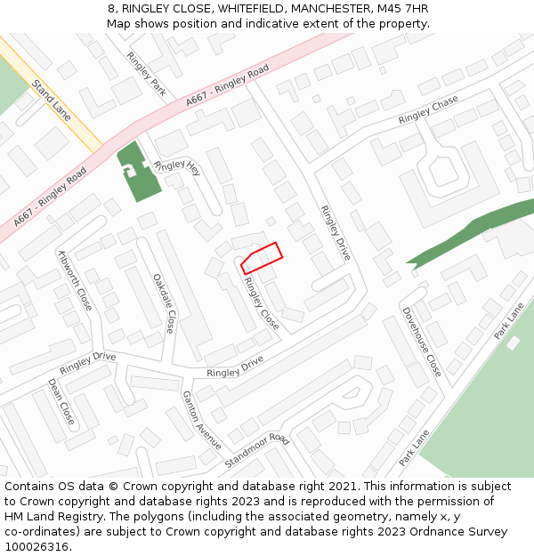 8, RINGLEY CLOSE, WHITEFIELD, MANCHESTER, M45 7HR: Location map and indicative extent of plot