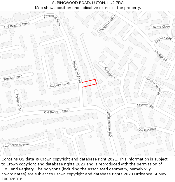 8, RINGWOOD ROAD, LUTON, LU2 7BG: Location map and indicative extent of plot