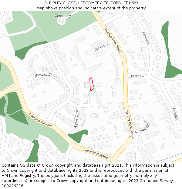 8, RIPLEY CLOSE, LEEGOMERY, TELFORD, TF1 6YY: Location map and indicative extent of plot