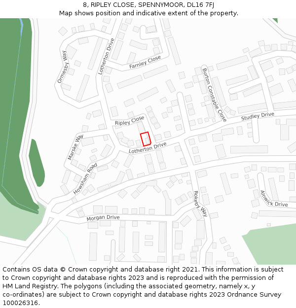 8, RIPLEY CLOSE, SPENNYMOOR, DL16 7FJ: Location map and indicative extent of plot