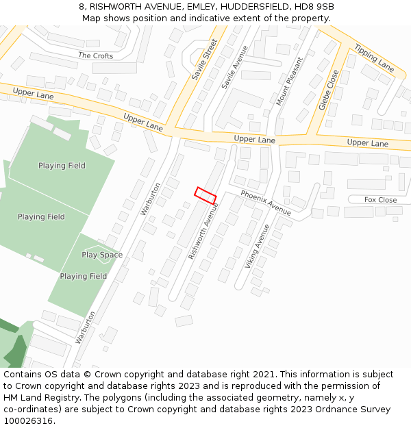 8, RISHWORTH AVENUE, EMLEY, HUDDERSFIELD, HD8 9SB: Location map and indicative extent of plot