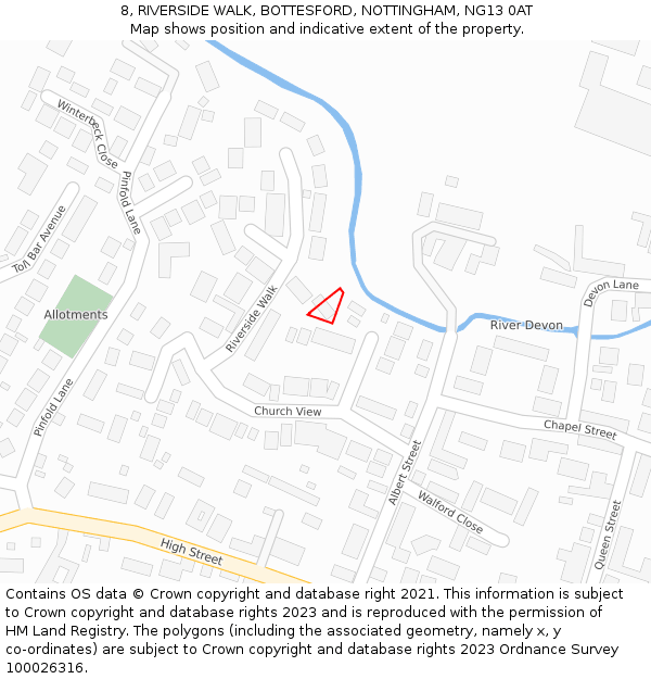 8, RIVERSIDE WALK, BOTTESFORD, NOTTINGHAM, NG13 0AT: Location map and indicative extent of plot