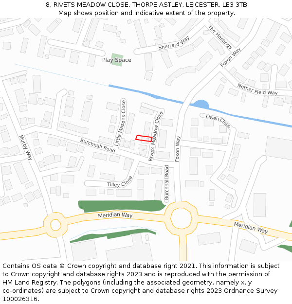 8, RIVETS MEADOW CLOSE, THORPE ASTLEY, LEICESTER, LE3 3TB: Location map and indicative extent of plot