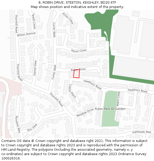 8, ROBIN DRIVE, STEETON, KEIGHLEY, BD20 6TF: Location map and indicative extent of plot