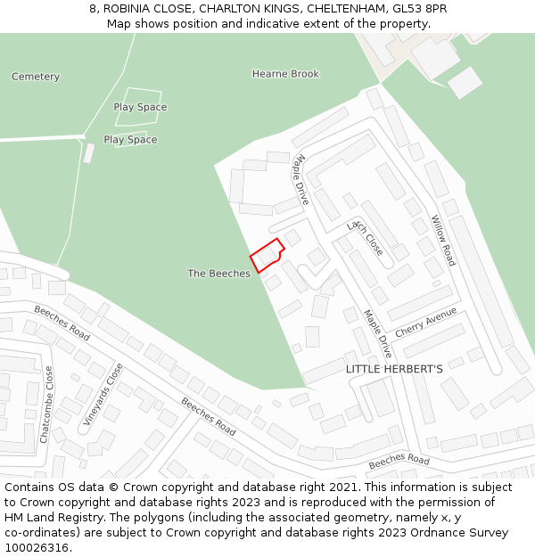 8, ROBINIA CLOSE, CHARLTON KINGS, CHELTENHAM, GL53 8PR: Location map and indicative extent of plot