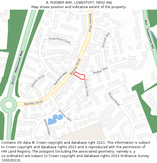 8, RODBER WAY, LOWESTOFT, NR32 4WJ: Location map and indicative extent of plot