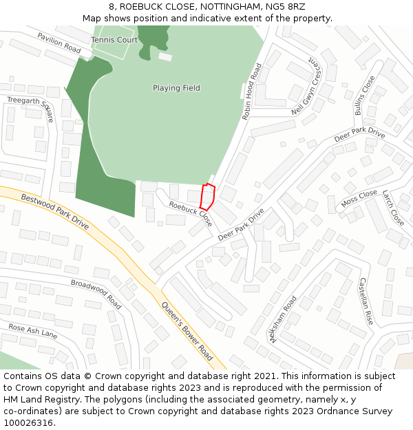 8, ROEBUCK CLOSE, NOTTINGHAM, NG5 8RZ: Location map and indicative extent of plot