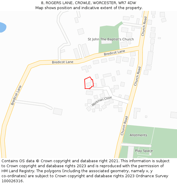 8, ROGERS LANE, CROWLE, WORCESTER, WR7 4DW: Location map and indicative extent of plot