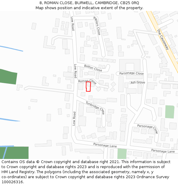 8, ROMAN CLOSE, BURWELL, CAMBRIDGE, CB25 0RQ: Location map and indicative extent of plot