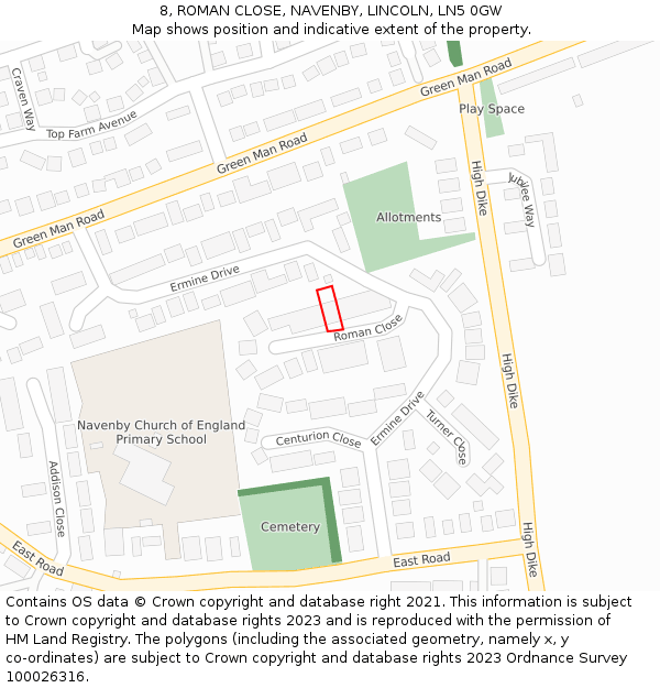 8, ROMAN CLOSE, NAVENBY, LINCOLN, LN5 0GW: Location map and indicative extent of plot