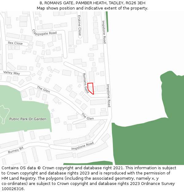 8, ROMANS GATE, PAMBER HEATH, TADLEY, RG26 3EH: Location map and indicative extent of plot