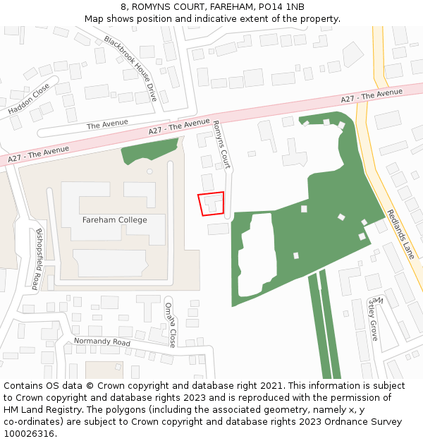 8, ROMYNS COURT, FAREHAM, PO14 1NB: Location map and indicative extent of plot