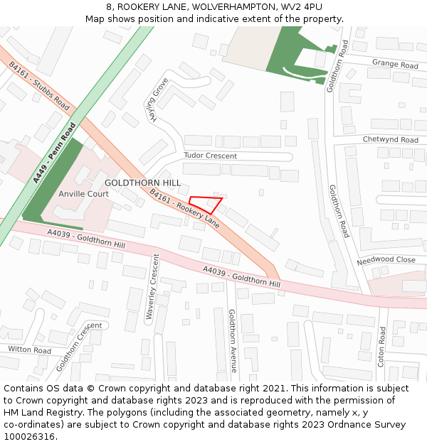 8, ROOKERY LANE, WOLVERHAMPTON, WV2 4PU: Location map and indicative extent of plot