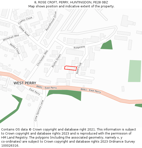 8, ROSE CROFT, PERRY, HUNTINGDON, PE28 0BZ: Location map and indicative extent of plot