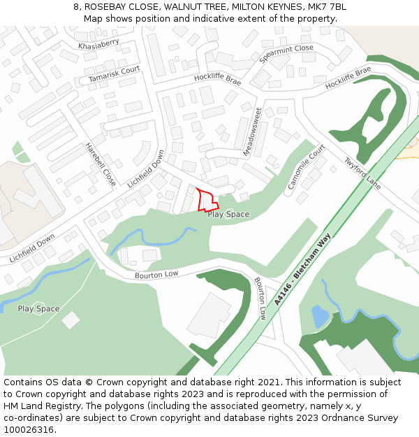 8, ROSEBAY CLOSE, WALNUT TREE, MILTON KEYNES, MK7 7BL: Location map and indicative extent of plot