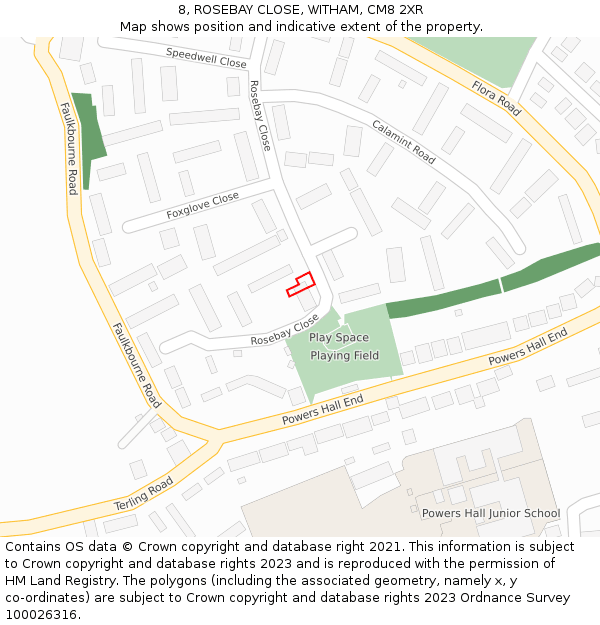 8, ROSEBAY CLOSE, WITHAM, CM8 2XR: Location map and indicative extent of plot