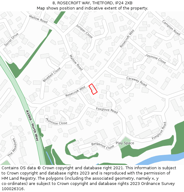 8, ROSECROFT WAY, THETFORD, IP24 2XB: Location map and indicative extent of plot