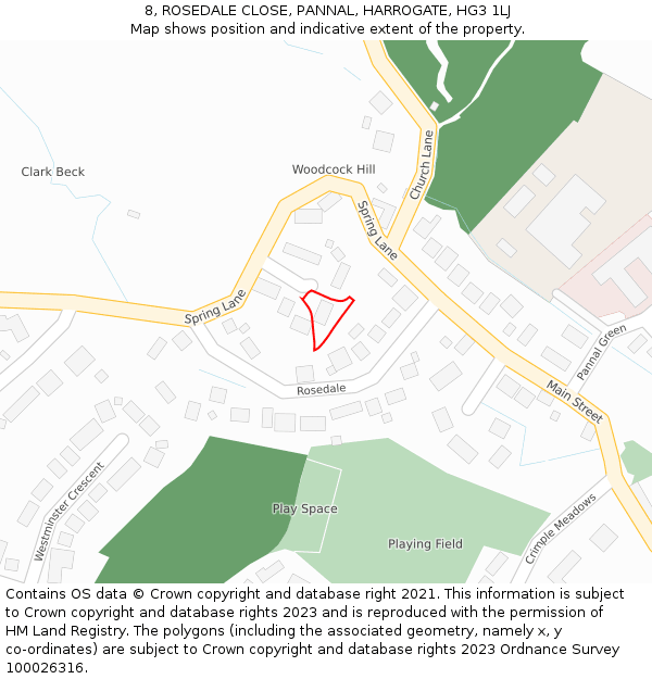 8, ROSEDALE CLOSE, PANNAL, HARROGATE, HG3 1LJ: Location map and indicative extent of plot