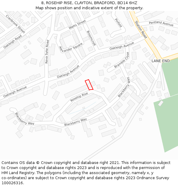 8, ROSEHIP RISE, CLAYTON, BRADFORD, BD14 6HZ: Location map and indicative extent of plot