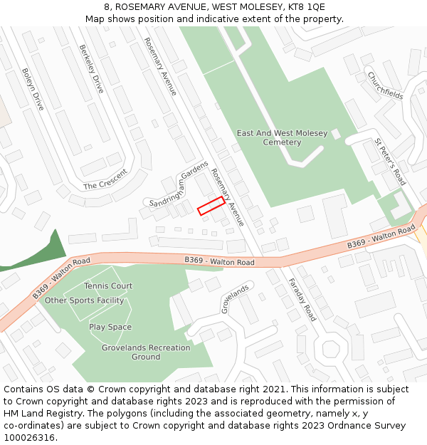 8, ROSEMARY AVENUE, WEST MOLESEY, KT8 1QE: Location map and indicative extent of plot