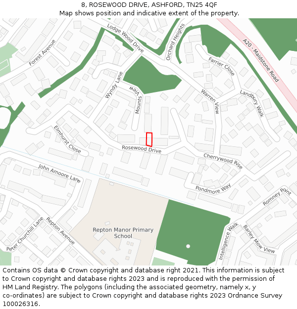 8, ROSEWOOD DRIVE, ASHFORD, TN25 4QF: Location map and indicative extent of plot