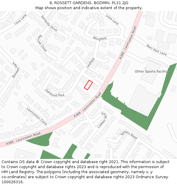 8, ROSSETT GARDENS, BODMIN, PL31 2JG: Location map and indicative extent of plot