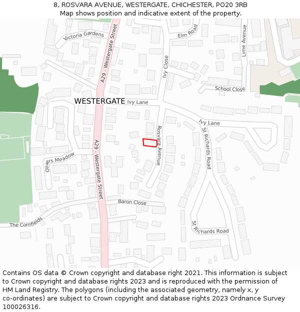 8, ROSVARA AVENUE, WESTERGATE, CHICHESTER, PO20 3RB: Location map and indicative extent of plot