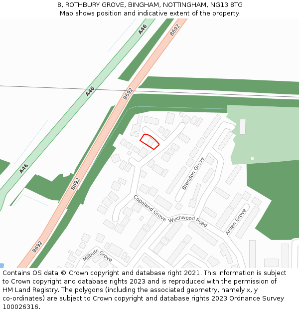 8, ROTHBURY GROVE, BINGHAM, NOTTINGHAM, NG13 8TG: Location map and indicative extent of plot