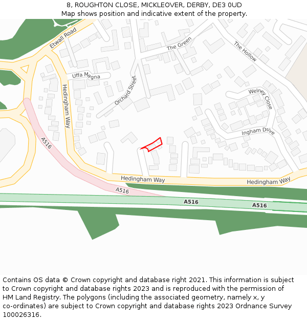8, ROUGHTON CLOSE, MICKLEOVER, DERBY, DE3 0UD: Location map and indicative extent of plot