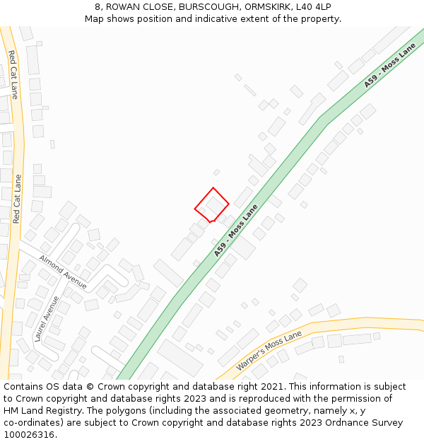 8, ROWAN CLOSE, BURSCOUGH, ORMSKIRK, L40 4LP: Location map and indicative extent of plot