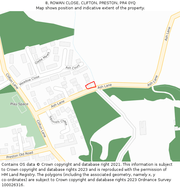 8, ROWAN CLOSE, CLIFTON, PRESTON, PR4 0YQ: Location map and indicative extent of plot
