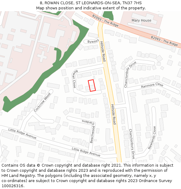 8, ROWAN CLOSE, ST LEONARDS-ON-SEA, TN37 7HS: Location map and indicative extent of plot